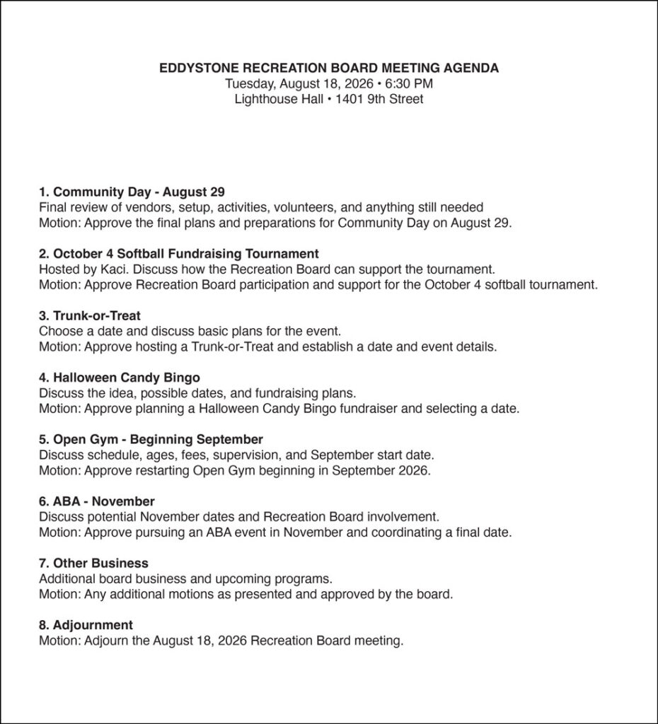 Recreation Board Agenda August 18 2026